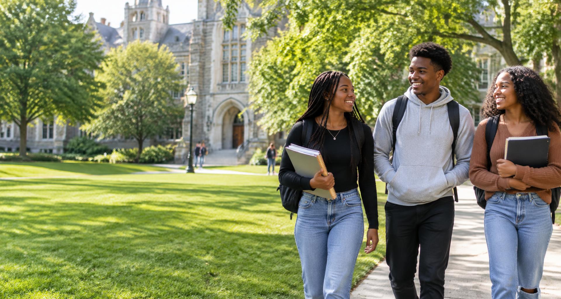 Students walking together on a leafy college campus